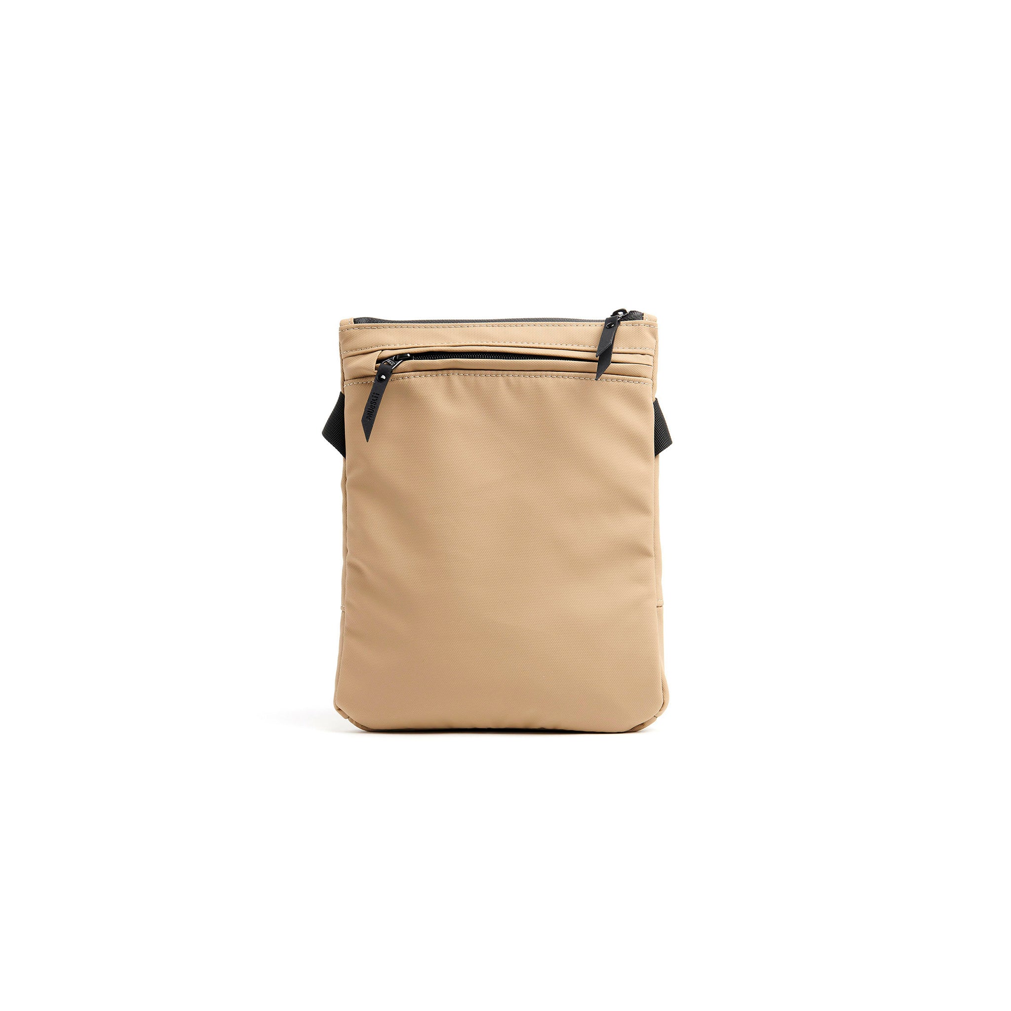 Mueslii crossbody, made of PU coated waterproof nylon color sand, back view.