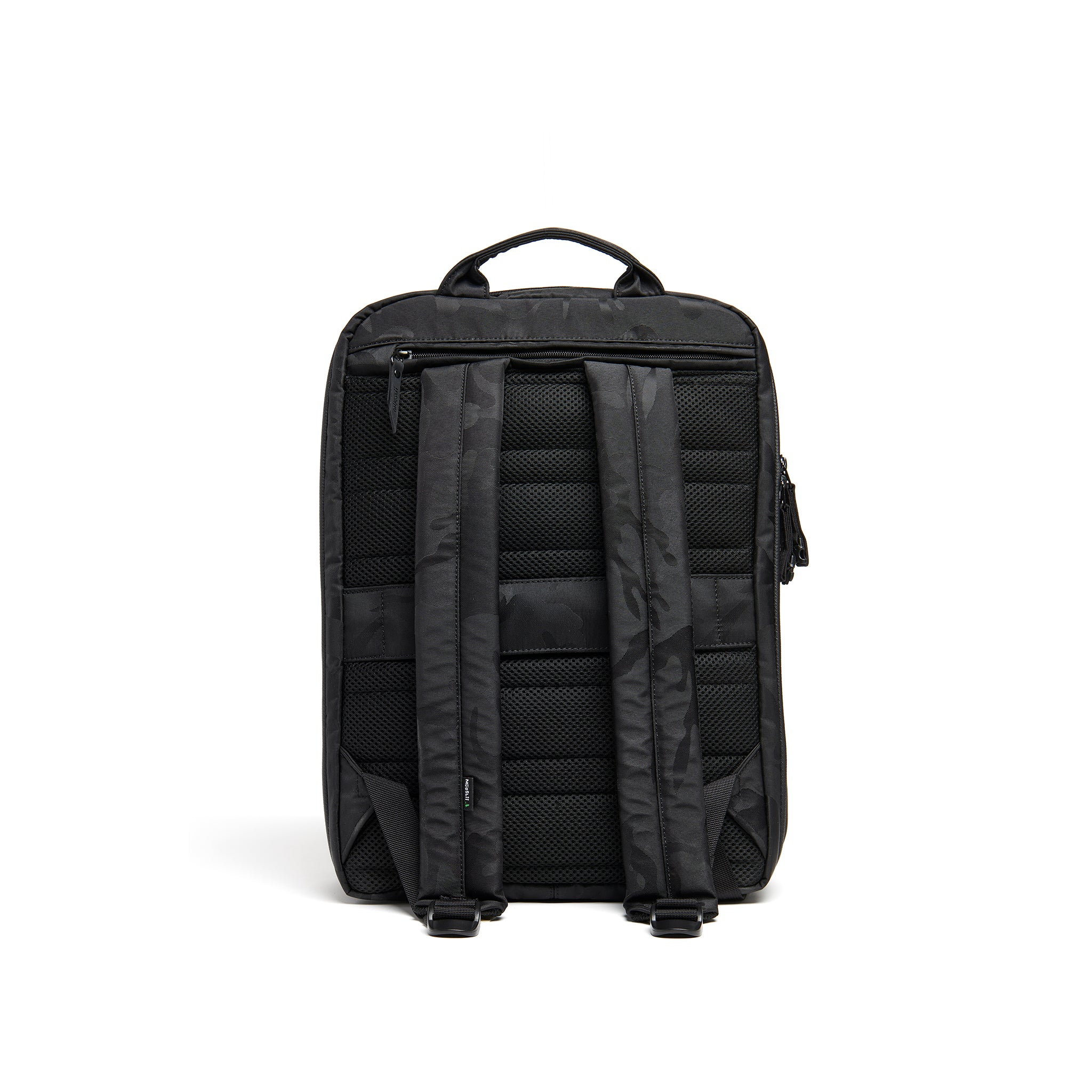 Mueslii travel backpack, made of waterproof jacquard nylon, camouflage pattern, with a laptop compartment, color black, back view.