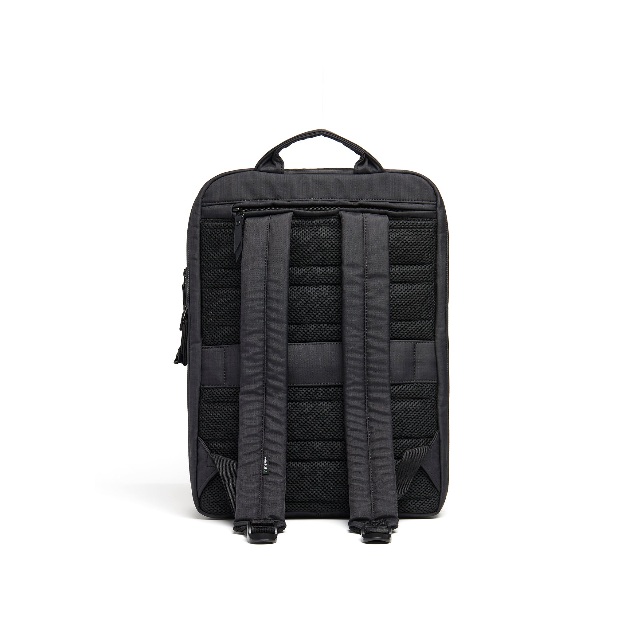 Mueslii travel backpack, made of water resistant canvas nylon, with a laptop compartment, cabin luggage, color night black, back view.