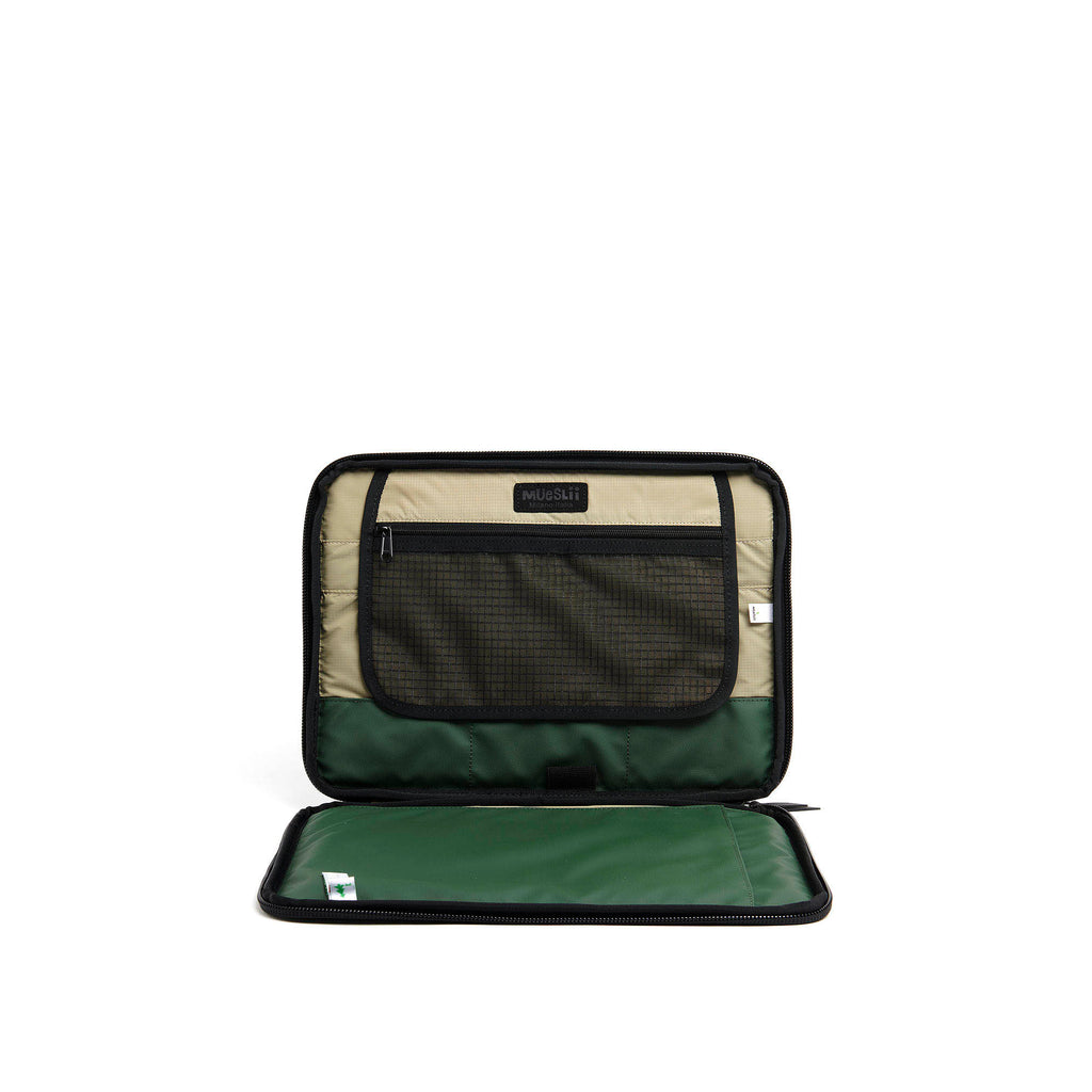 Mueslii A4 document- tech holder,  made of PU coated waterproof nylon, color olive green, inside view.