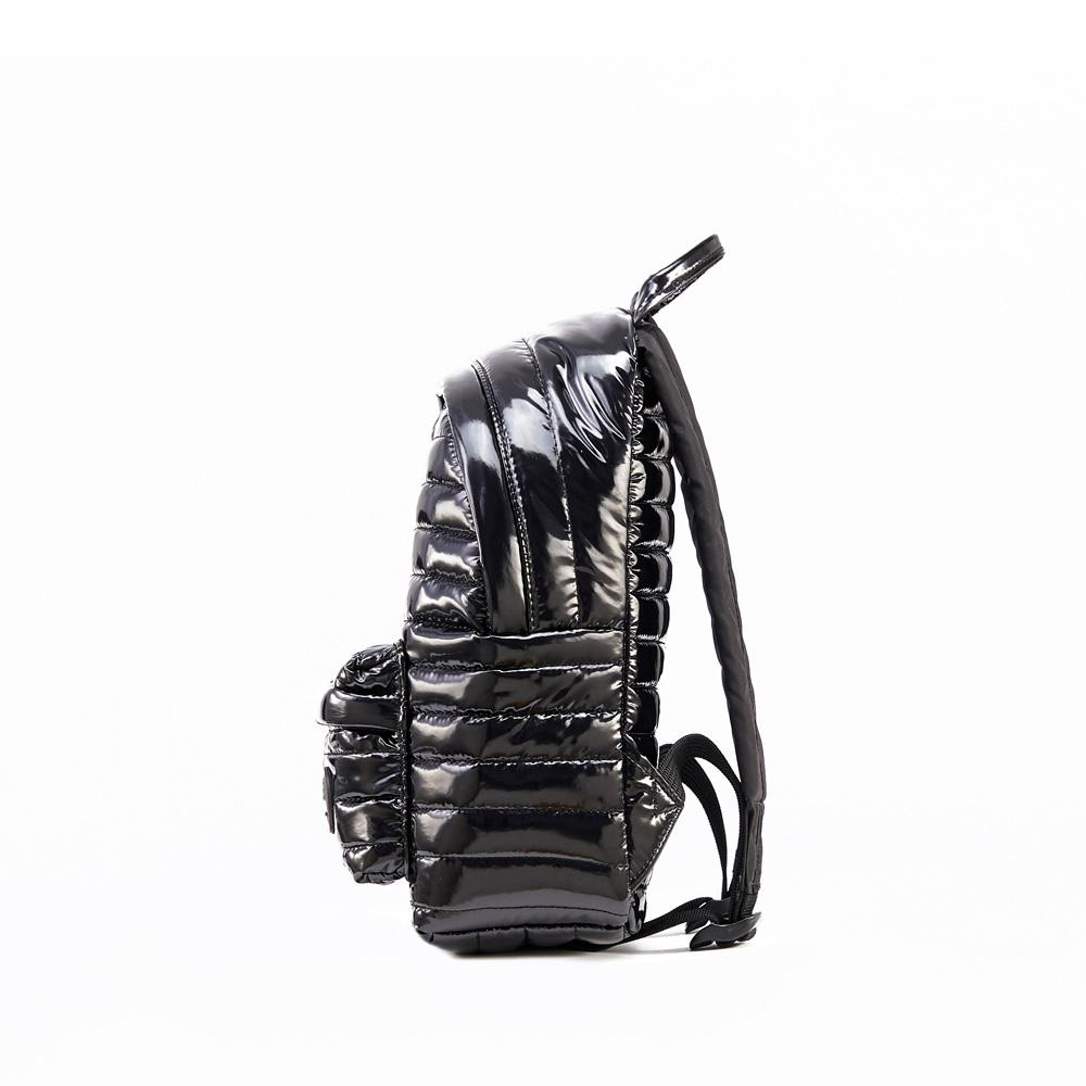 Mueslii original puffer medium and small backpack made of metal coated nylon and Ykk zips, color metal black, side view.
