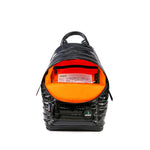 Mueslii original puffer medium and small backpack made of metal coated nylon and Ykk zips, color metal black, inside view.