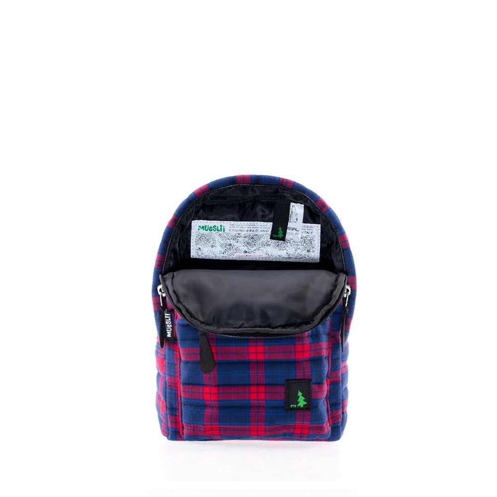Mueslii original puffer Mini pack made of high density nylon and Ykk zips, pattern red kilt, inside view.