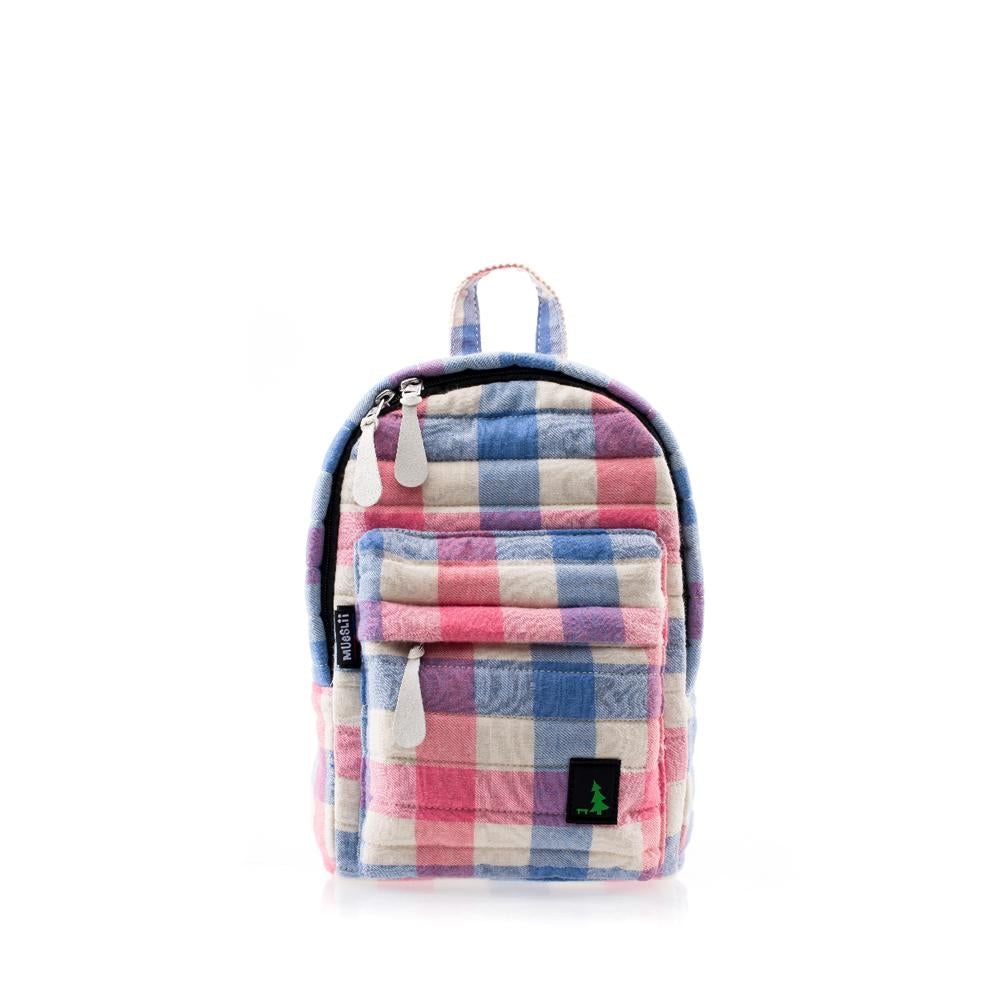Mueslii original puffer Mini pack made of high density nylon and Ykk zips, pattern trattoria, color white, blue, rose, front view.