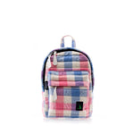 Mueslii original puffer Mini pack made of high density nylon and Ykk zips, pattern trattoria, color white, blue, rose, front view.