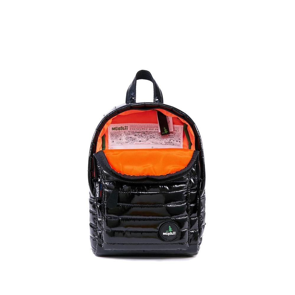 Mueslii original puffer Mini pack made of high density nylon and Ykk zips, color metal black, inside view.