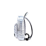 Mueslii original puffer Mini pack made of high density nylon and Ykk zips, color metal silver, side view.