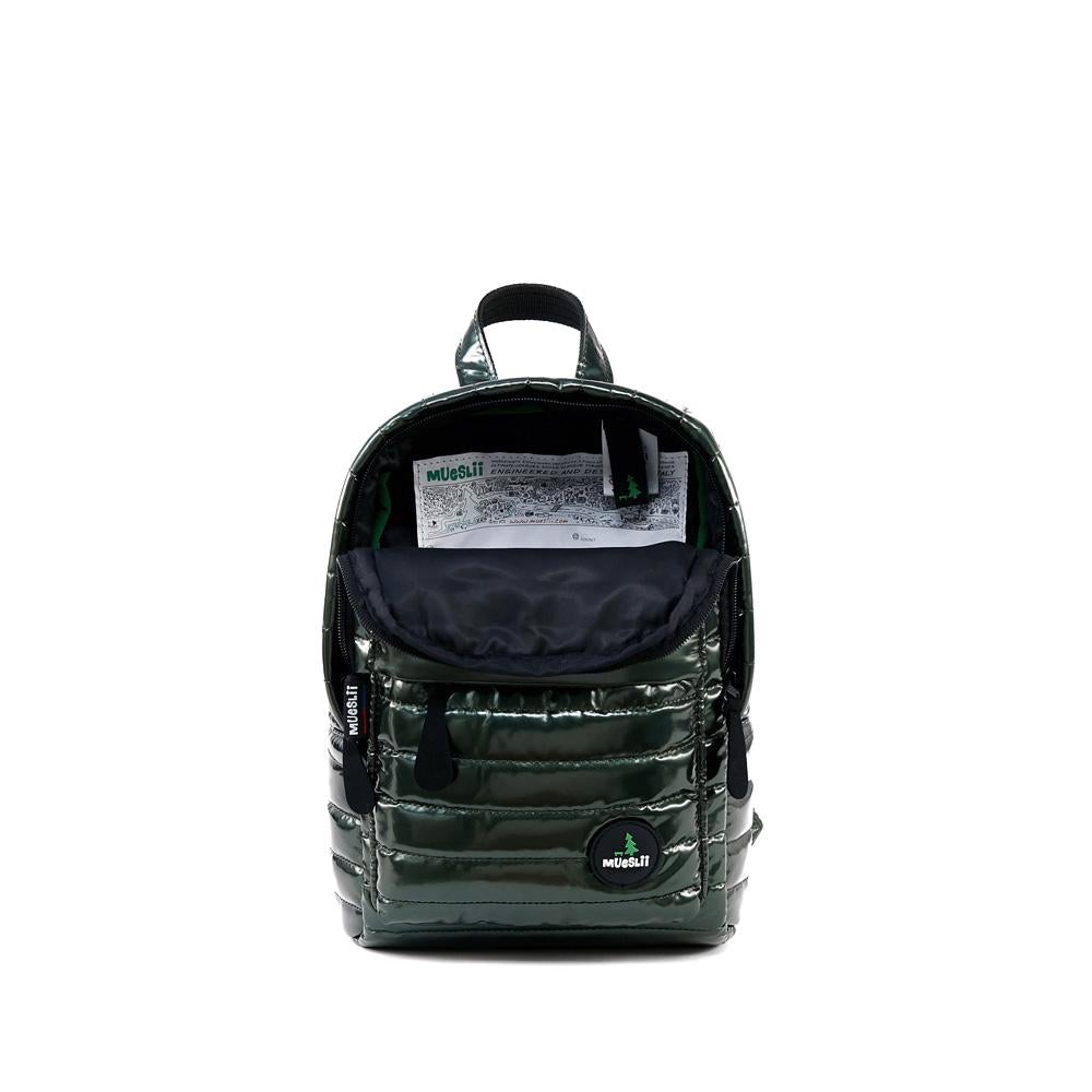 Mueslii original puffer Mini pack made of high density nylon and Ykk zips, color metal green, inside view.