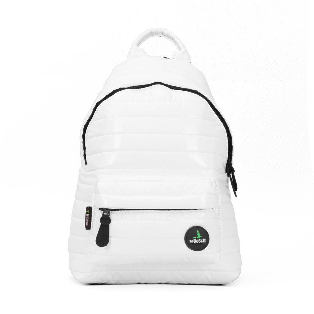 Mueslii original puffer medium and small backpack made of metal coated nylon and Ykk zips, color white, front view.