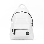 Mueslii original puffer medium and small backpack made of metal coated nylon and Ykk zips, color white, front view.