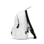 Mueslii original puffer medium and small backpack made of metal coated nylon and Ykk zips, color white, side view.