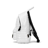 Mueslii original puffer medium and small backpack made of metal coated nylon and Ykk zips, color white, side view.
