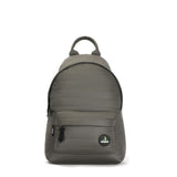 Mueslii original puffer medium and small backpack made of high density nylon and Ykk zips, color matte green, front view.
