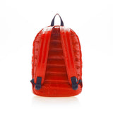 Mueslii original puffer daily backpack made of high density nylon and Ykk zips, color crimson red, back view.