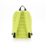 Mueslii original puffer daily backpack made of high density nylon and Ykk zips, color electric lime, back view.