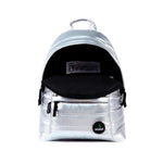 Mueslii original puffer daily backpack made of metal coated nylon and Ykk zips, color silver, inside view.
