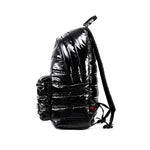 Mueslii original puffer daily backpack made of metal coated nylon and Ykk zips, color black, side view.