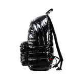 Mueslii original puffer daily backpack made of metal coated nylon and Ykk zips, color black, side view.