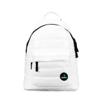 Mueslii original puffer daily backpack made of metal coated nylon and Ykk zips, color white, front view.