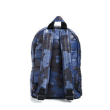 Mueslii original puffer daily backpack made of high density nylon and Ykk zips, color navy camo, back view.