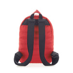 Mueslii original puffer daily backpack made of high density nylon and Ykk zips, color red, back view.