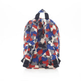 Mueslii original puffer daily backpack made of high density nylon and Ykk zips, RB Camo, color red blue white black, back view.