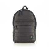 Mueslii original puffer daily backpack made of made of matte nylon and Ykk zips, color dark green, front view.