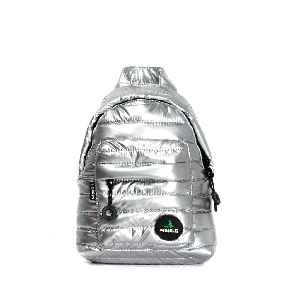 Mueslii original puffer extra small pack made of high density nylon and Ykk zips, color silver, front view.