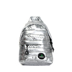Mueslii original puffer extra small pack made of high density nylon and Ykk zips, color silver, front view.