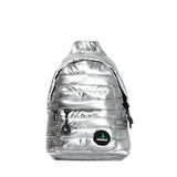 Mueslii original puffer extra small pack made of high density nylon and Ykk zips, color silver, front view.