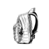 Mueslii original puffer extra small pack made of high density nylon and Ykk zips, color silver, side view.