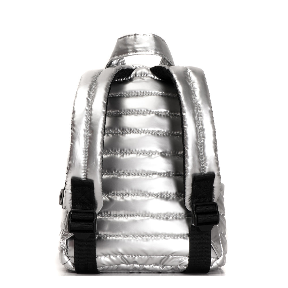 Mueslii original puffer extra small pack made of high density nylon and Ykk zips, color silver, back view.