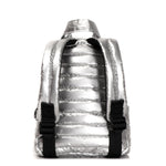 Mueslii original puffer extra small pack made of high density nylon and Ykk zips, color silver, back view.