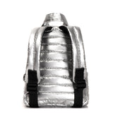 Mueslii original puffer extra small pack made of high density nylon and Ykk zips, color silver, back view.