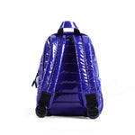 Mueslii original puffer extra small pack made of high density nylon and Ykk zips, color blue, back view.