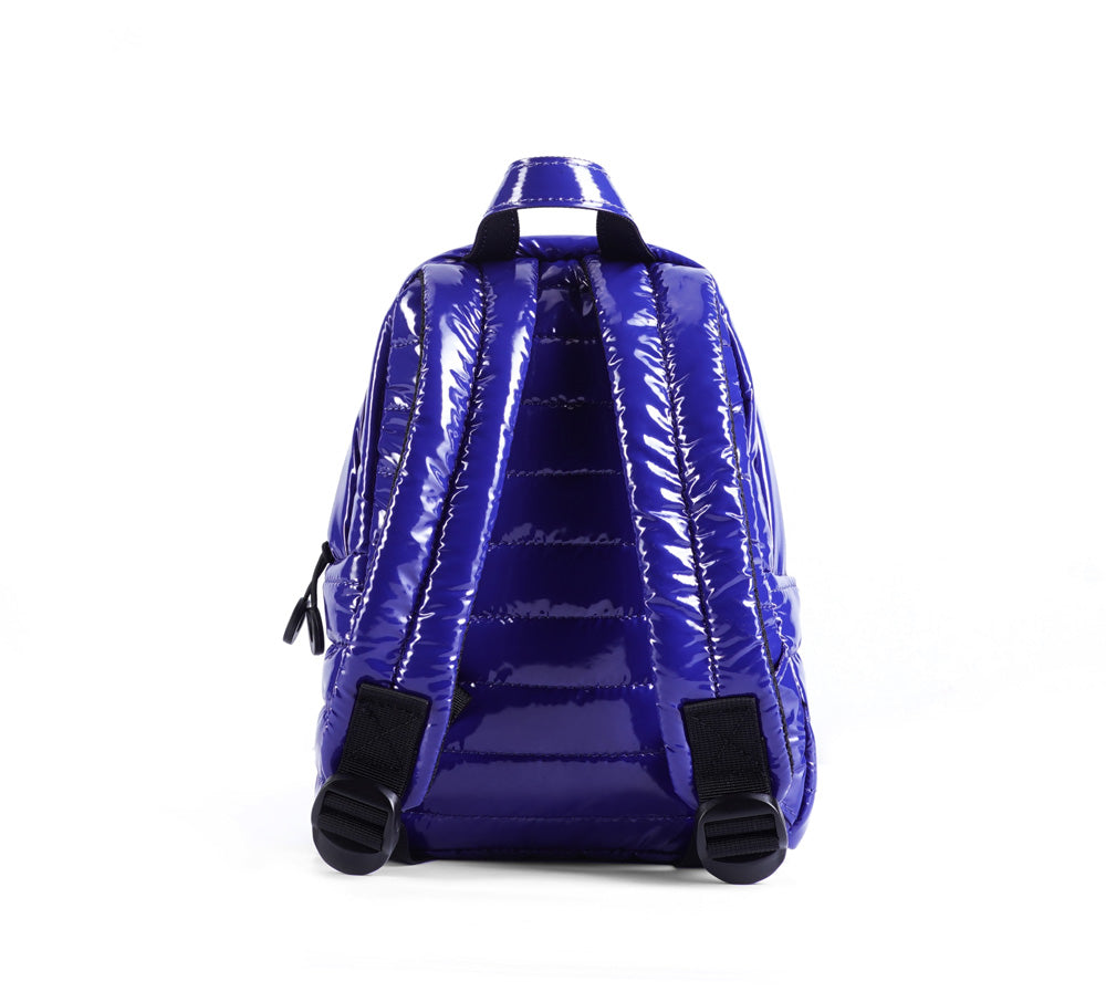 Mueslii original puffer extra small pack made of high density nylon and Ykk zips, color blue, back view.
