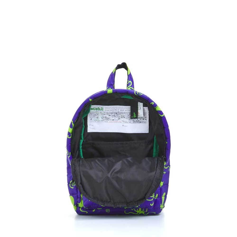 Mueslii original puffer Mini pack made of high density nylon and Ykk zips, octopus, inside view.