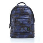 Mueslii original puffer laptop backpack made of high density nylon and Ykk zips, color navy camo, front view.